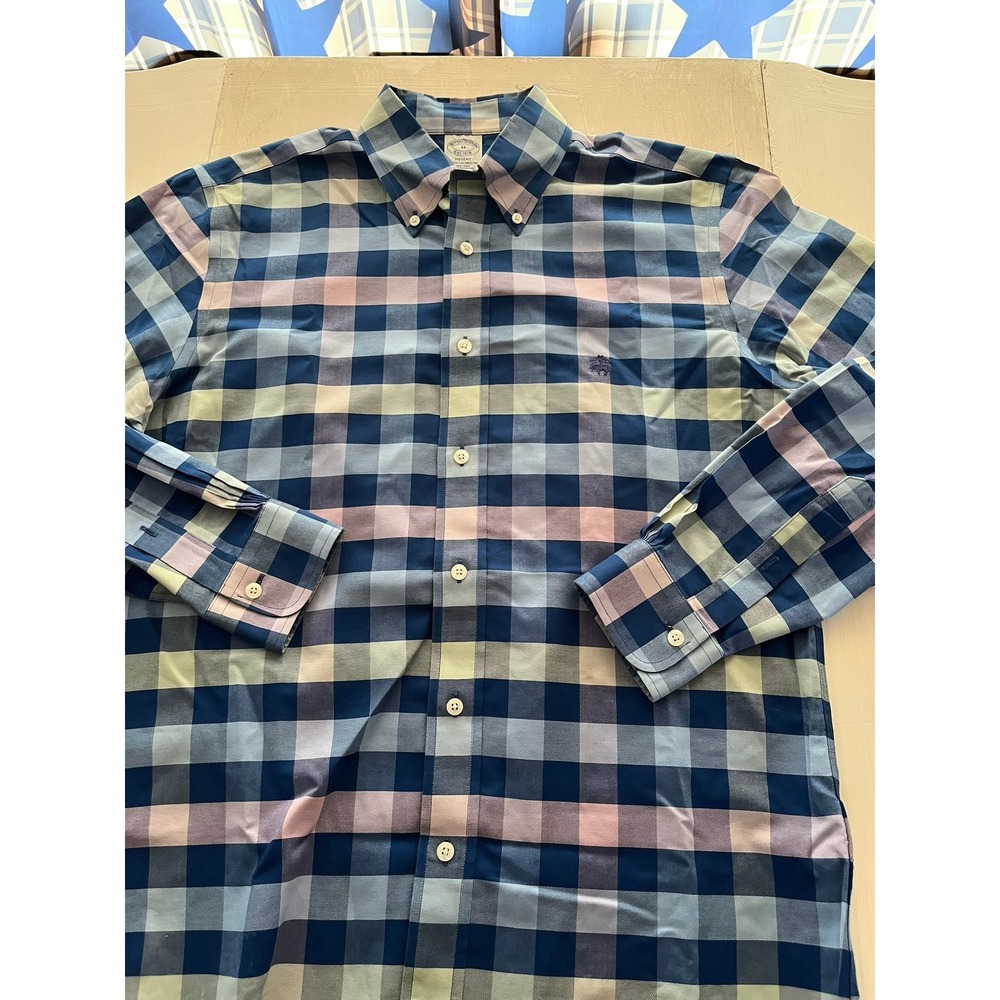 Brooks Brothers Regent Non-Iron Supima Cotton Check Shirt Blue Pink Mens Medium